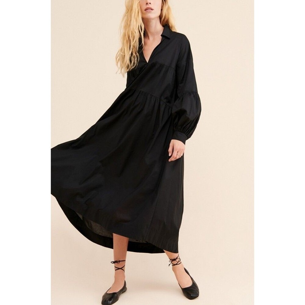 Just Female Mandy Maxi Dress XS/S Black Long Puff Sleeve Tiered Organic Cotton